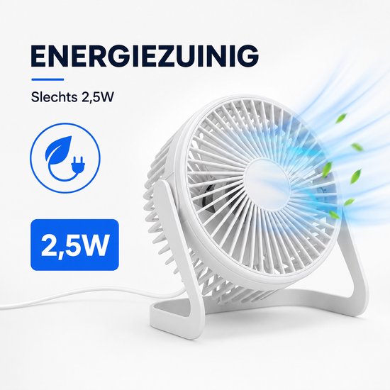 Bureau Ventilator - Mini Bureauventilator - Zuinige Tafelventilator - Kleine USB Ventilator - Kantelbare Statiefventilator - Compacte USB-C Tafelventilator - Fan Geluidloos - Bureau Airco - Desk Fan - Deskventilator - Wit - Silvergear