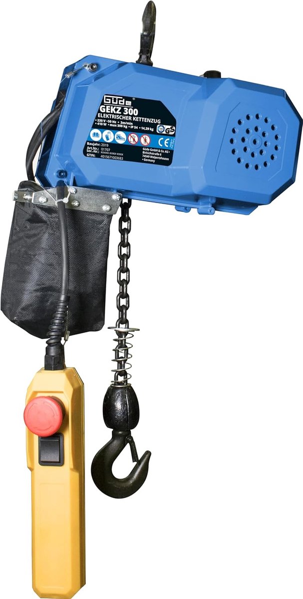 Elektrische Kettingtakel - Hefmachine Takel - Lasten Verplaatsen - Bediening met Noodstop - 300 kg Hefkracht - Blauw