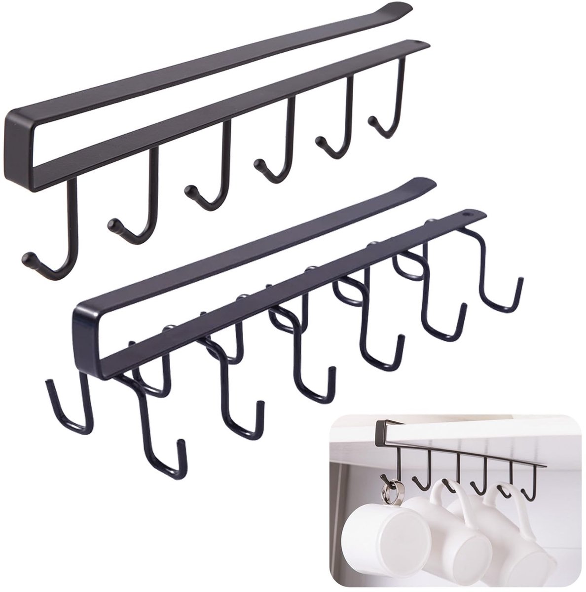 Dailygoods- Bekerhouder Onder Kast - 6/12 Haken - Keukenorganizer - Multifunctionele Opberghaken - Zwart - Hoogwaardig IJzer - 27 x 1,5 x 7,5 cm / 27 x 9 x 7 cm - Kopjeshouder