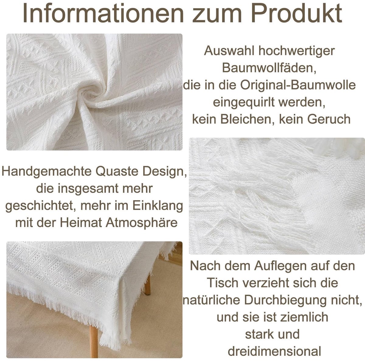 Dailygoods- Tafelkleed Afwasbaar 90x210 cm - Tafelkleed Katoen - Tafelkleed Wit - Tafelkleed met Kwast - Elegant Ontwerp - Hoge Bruikbaarheid - Tafelbedekking