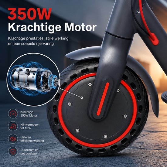 Detail van een elektrische step met een 350W motor en rode accenten.