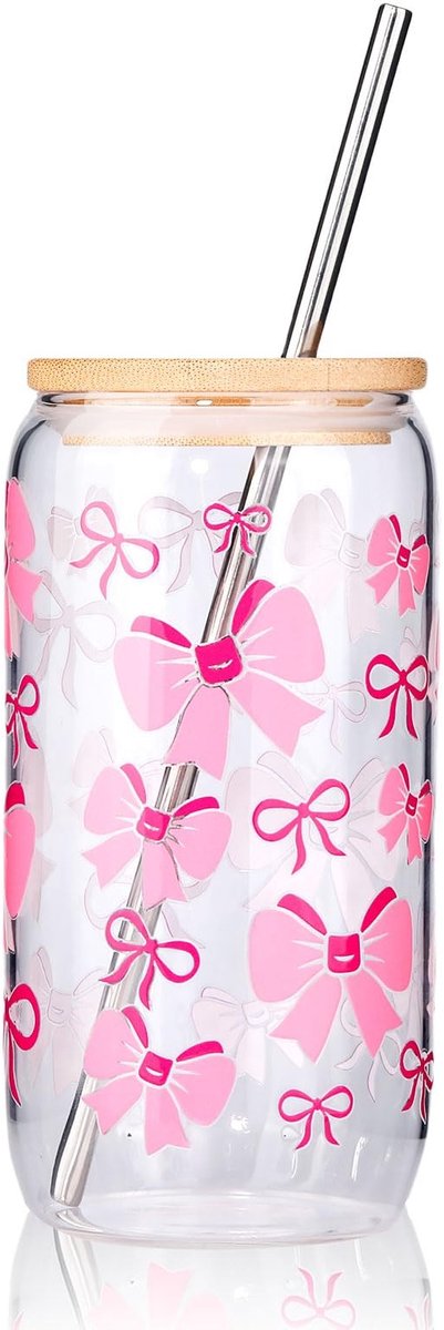 Dailygoods- Glas 16 oz met Deksel en Rietje - Elegante Strik-Beker - Roze Sticker-Opties - Drinkervaring - Hoogwaardig Glas-Materiaal - Tumbler