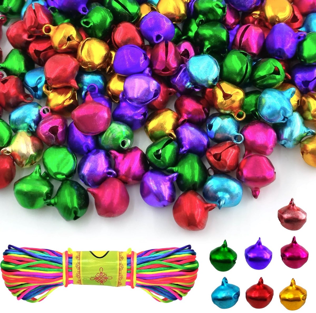 Dailygoods - 150 stuks metalen belletjes, 14 mm belletjes met ogen, met 20 m kleurrijk touw, knutselklokken, kleine klokken, kerstklokken voor festivaldecoraties, sieraden, hondenhalsbanden (7 kleuren)