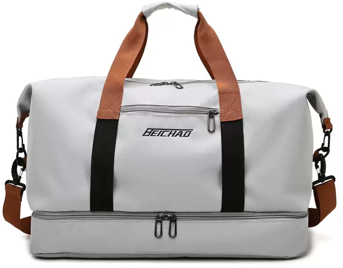 Dailygoods - Grote Sporttas voor Heren en Dames met Schoenenvak en Waterdichte Natte Zakken - voor Reizen, Zwemmen, Yoga, Wandelen, Kamperen - Lichtgrijs