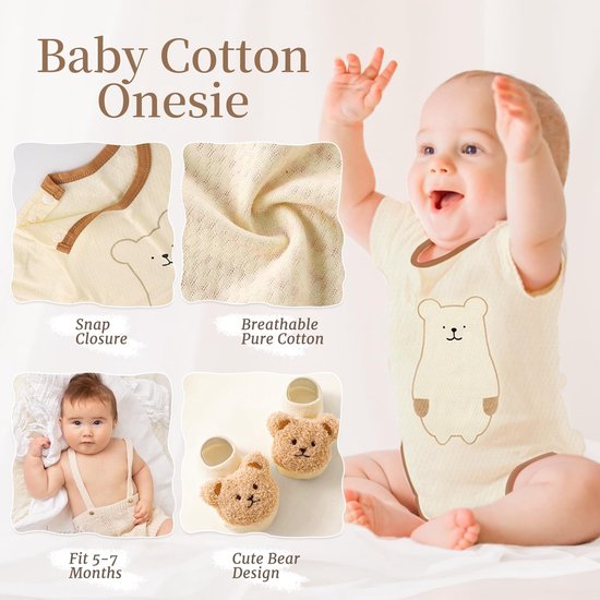 Dailygoods- Babycadeau Luxe Set - Babykleding met Berenprint - Rammler - Slabbetje - Houten Mijlpaalkaart - Wenskaart - Luxe Babybox - Babykado van Dailygoods — afbeelding 4