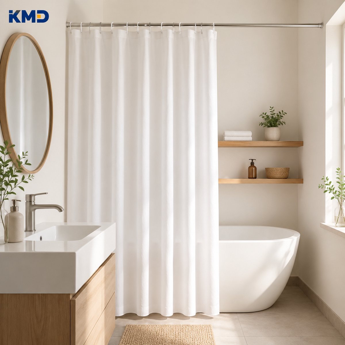 KMD Douchegordijn 180x200 cm Wit - Anti Schimmel, Waterafstotend Polyester met Metalen Oogjes en Verzwaarde Zoom