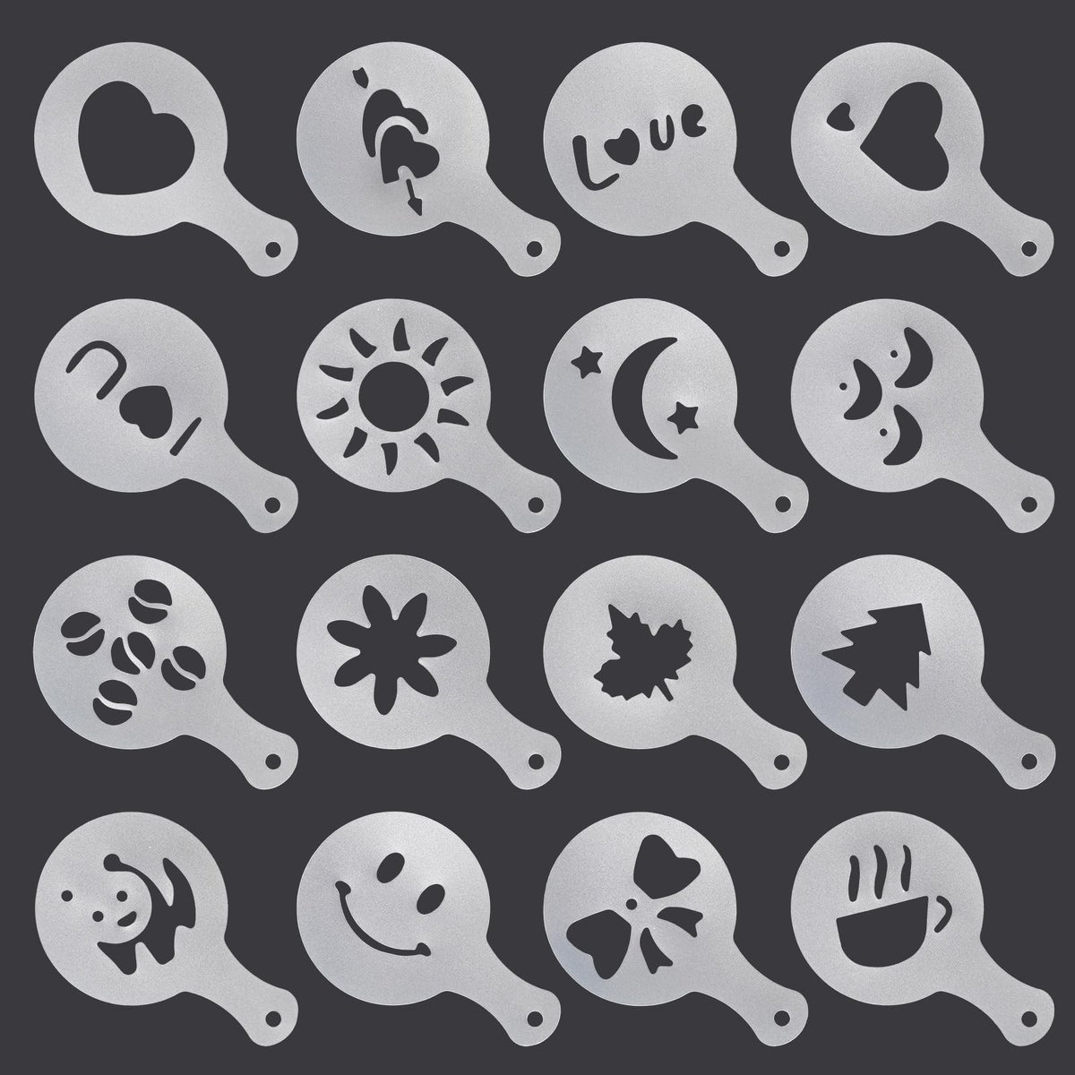 Dailygoods- Koffie Stencils 16 Stuks - Herbruikbare Sjablonen - Kunststof - Decoratie Accessoires - Perfect voor Bakken - Grootte 8,5x13,1 cm