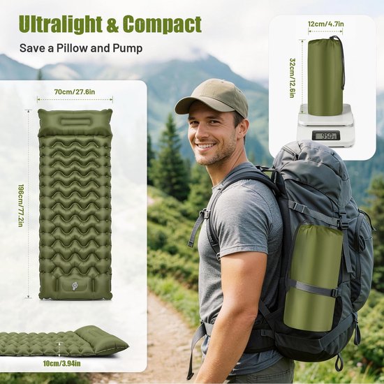 Dailygoods- Luchtmatras 1 Persoon - Opblaasbare Matras met Voetpomp - Waterdicht - Compact - Ideaal voor Camping - Afmetingen 196 x 70 x 10 cm van Dailygoods — afbeelding 4