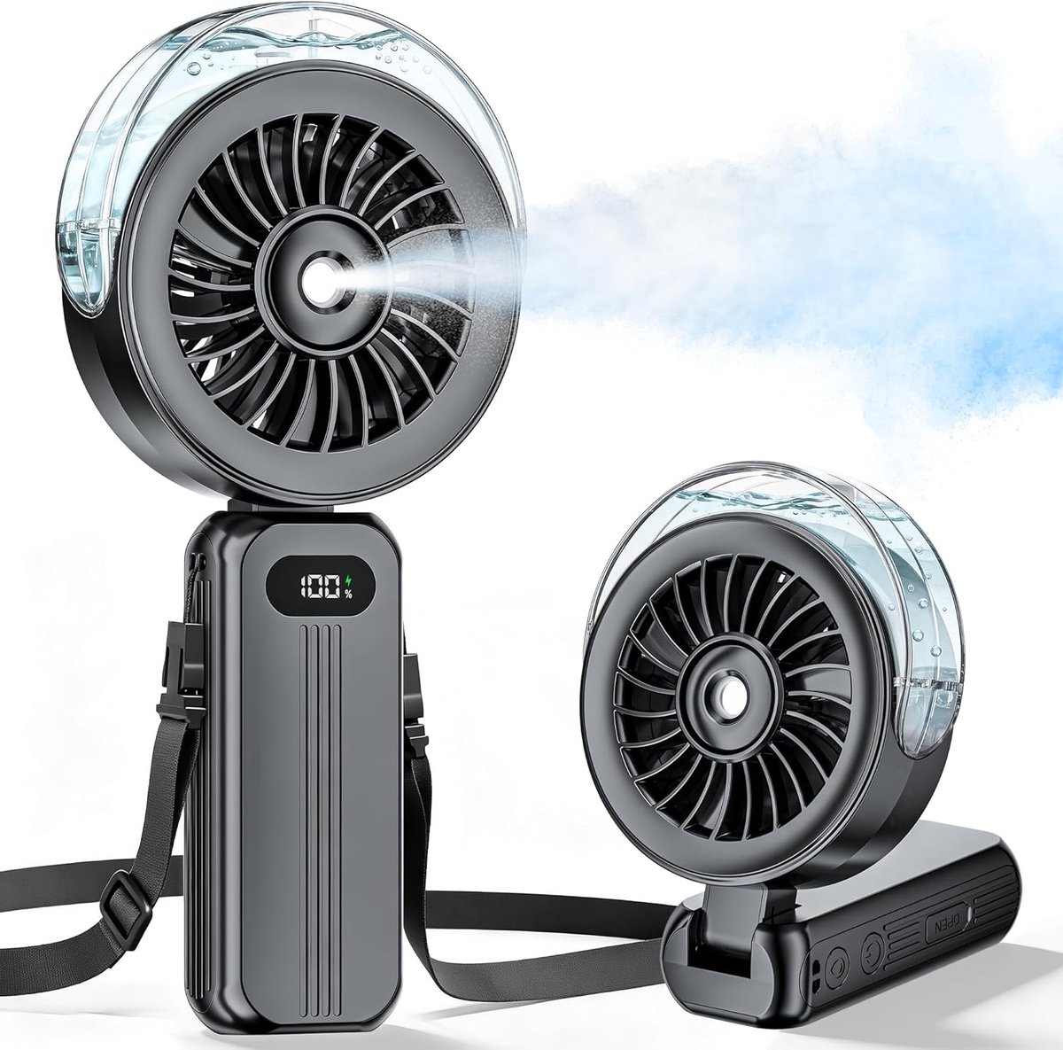 Draagbare handventilator met verneveling – Snelle, via USB oplaadbare ventilator – Met vernevelingsfunctie en led-display – 6000 mAh – Ook te gebruiken als opvouwbare bureauventilator – Ideaal voor op reis en buitenshuis – Zwart