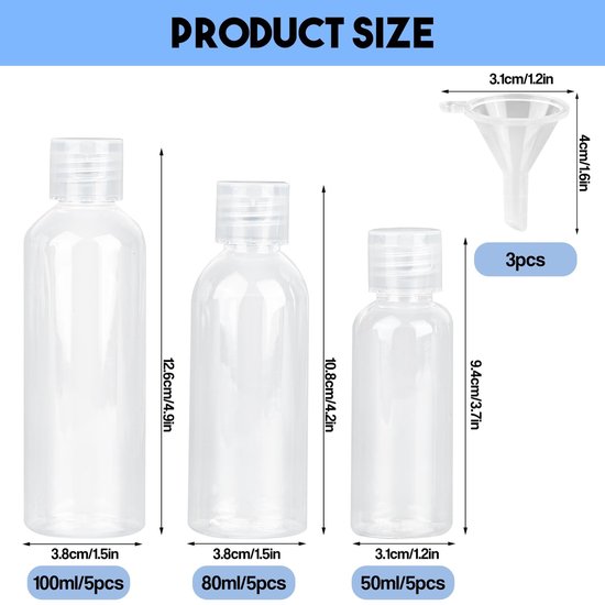 Solidchoice - 15 stuks reisflesjes-set, reisformaat containers met 50 ml, 80 ml, 100 ml, reiscontainers voor vloeistoffen met 3 trechters, kleine plastic flesjes om te vullen voor shampoo, conditioner, reizen van Solidchoice — afbeelding 5