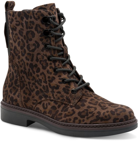 Bruine veterlaars met luipaardprint. Zwarte veters, metalen veterogen en ritssluiting.