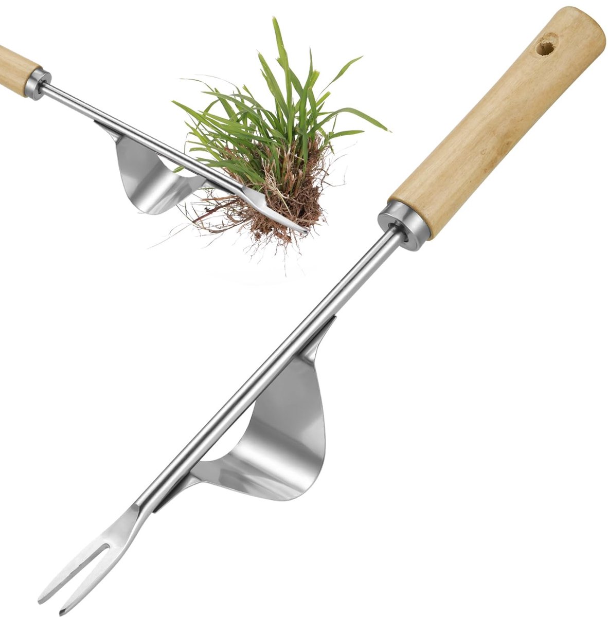 Dailygoods - Zocipro Handmatig onkruidtrekkergereedschap, handonkruidverwijderaar, tuin-onkruidtrekker met houten handvat, roestvrij staal diepe wortel onkruidverdelger gereedschap voor terras, gazon, tuin, tuin