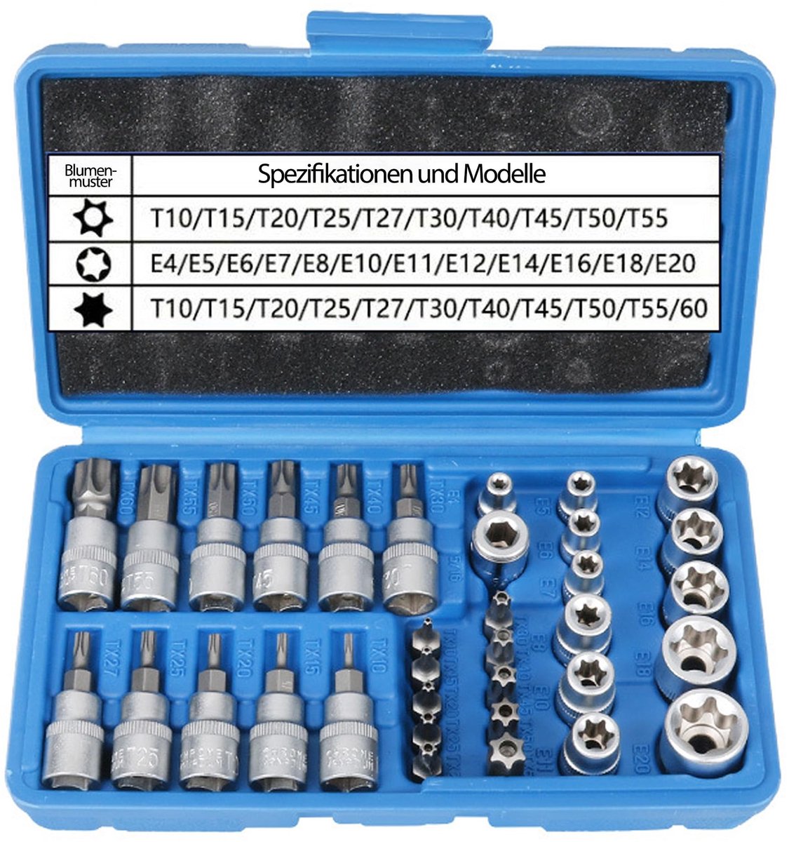 34-piece torx socket set - male female - E4-E20 T10-T60 with bit set T10-T55 - 3/8 inch adapter