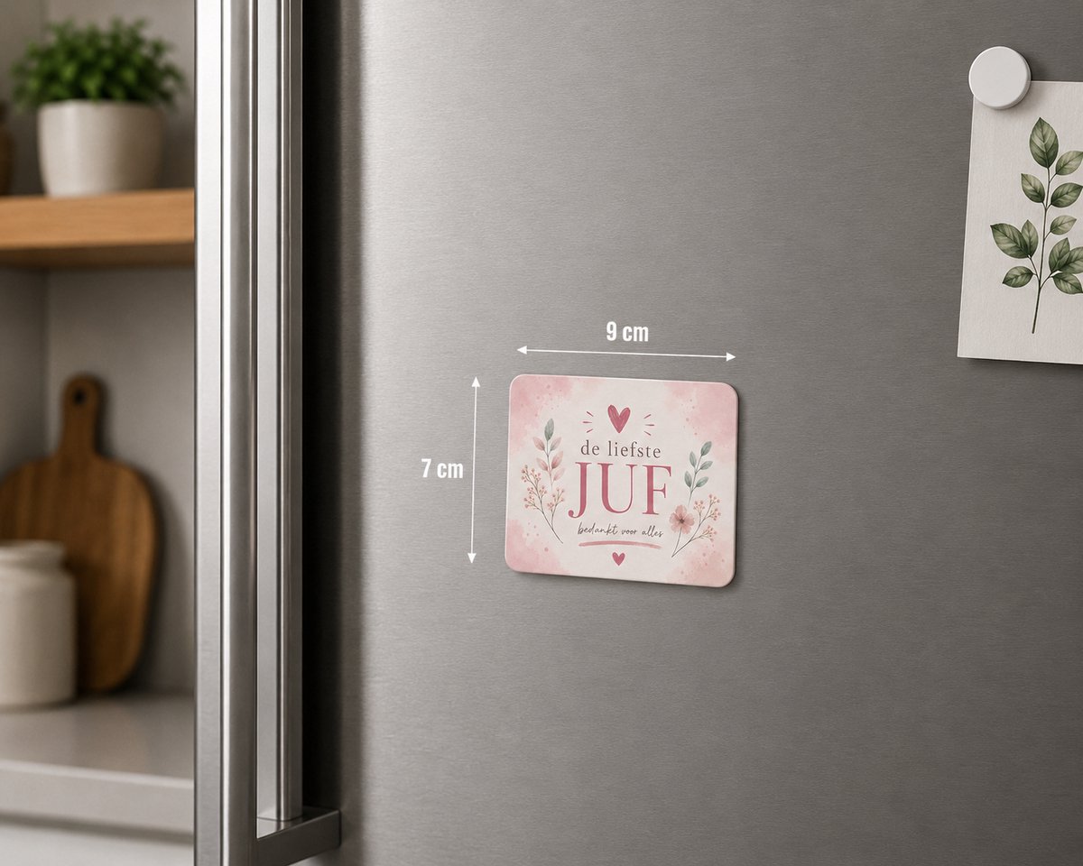 Koelkastmagneet De Liefste Juf – Roze Magneet 9x7 cm – Bedankje voor Juf – Cadeau Einde Schooljaar
