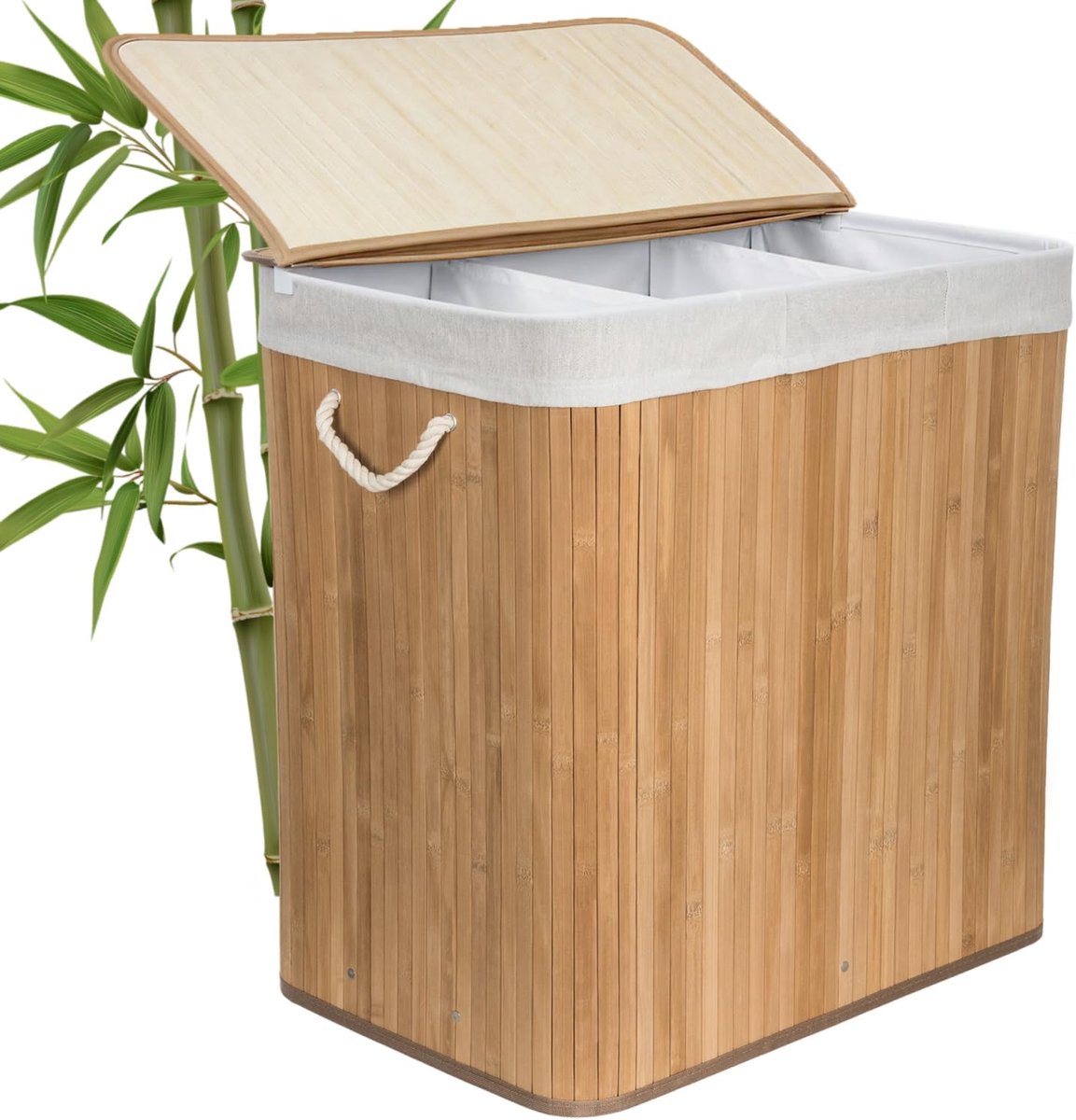 Wasmand met scheidingswanden - Kledingmand Organizer - Kleding Sorteren - Natuurlijk Bamboe Materiaal - 150L Capaciteit - Wit