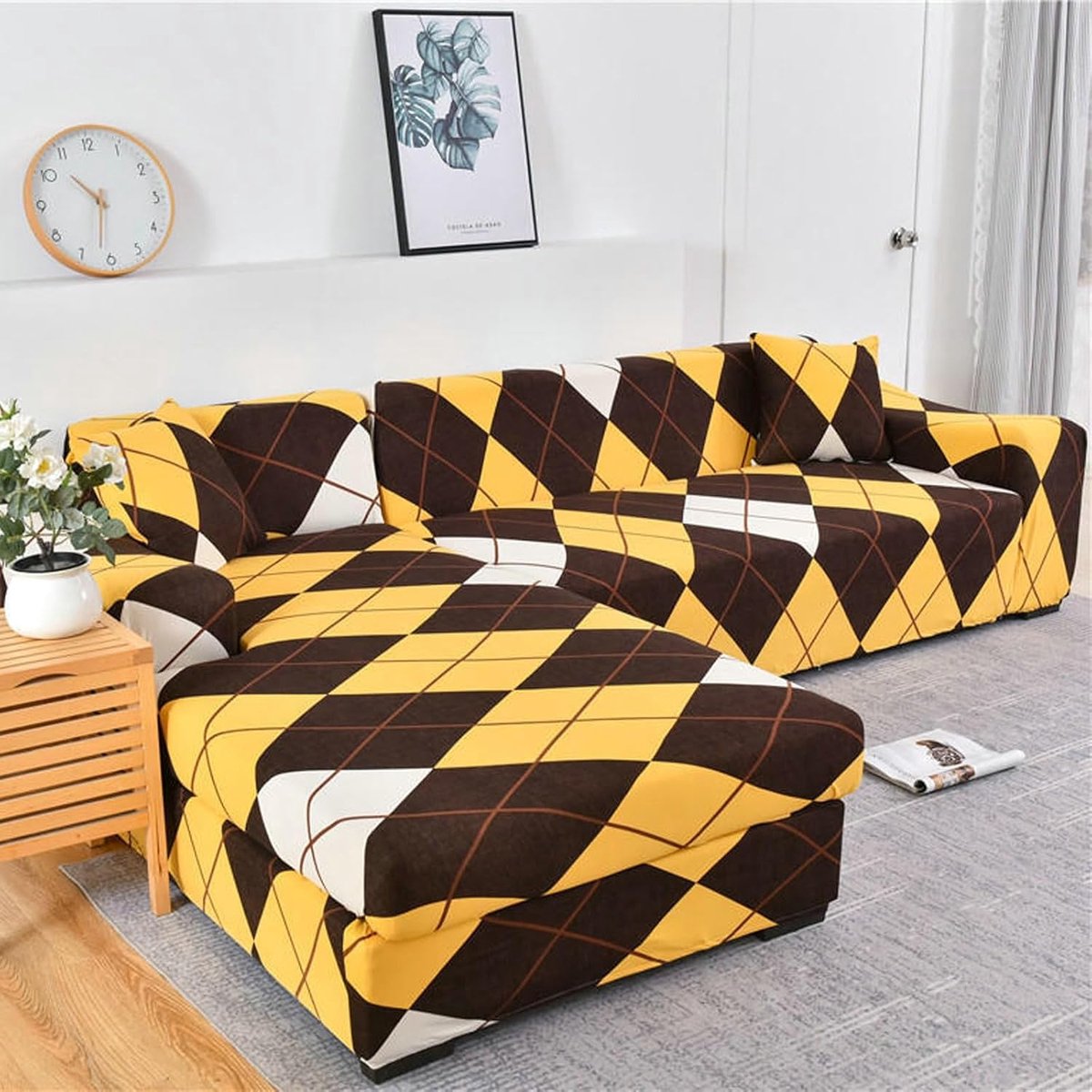 Bankhoes stretch met armleuning, bankovertrek, hoekbank, 4-zits, bruin geel bedrukt met geruit patroon, 235-300 cm, hoes voor bank, katten, krasbestendig, antislip