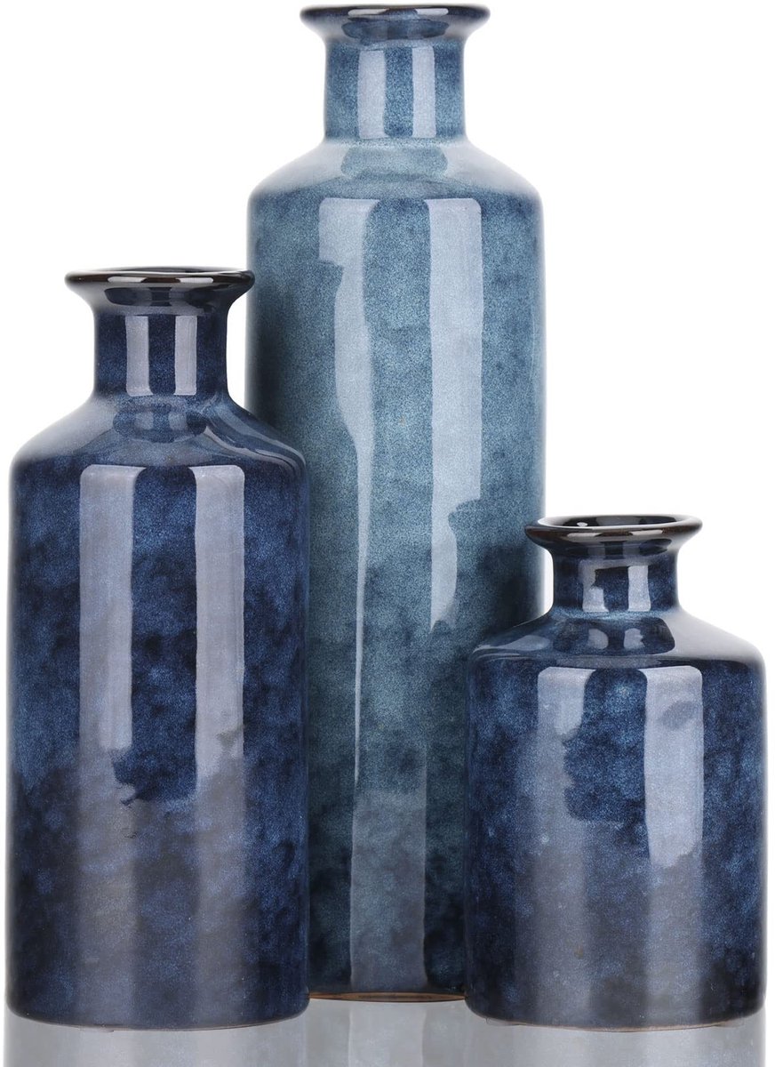 Dailygoods- Vazen Set van 3 - Blauwe Keramische Vazen - Decoratieve Vazen - Tafeldecoratie - Landelijke Woonkamerdecoratie - Afmetingen 7,6 x 7,6 x 25,4 cm