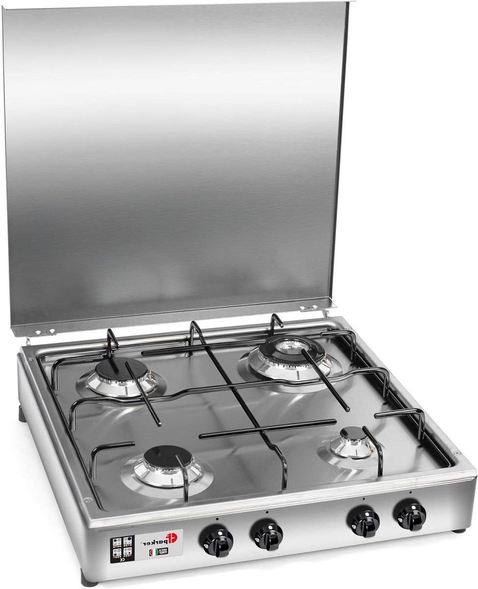 Gasfornuis 4 pits - Draagbaar kooktoestel - Kamperen buiten koken - Dubbele kroon brander - 49 x 47.5 cm - Zilverkleurig