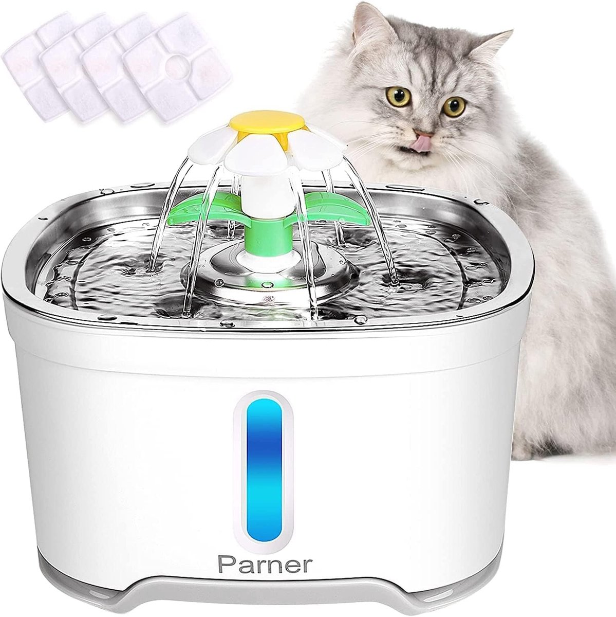 Dailygoods- Kattenfontein met waterniveauvenster - Drinkfontein met 4 filters - Siliconen mat - LED verlichting - Hygiënisch ontwerp