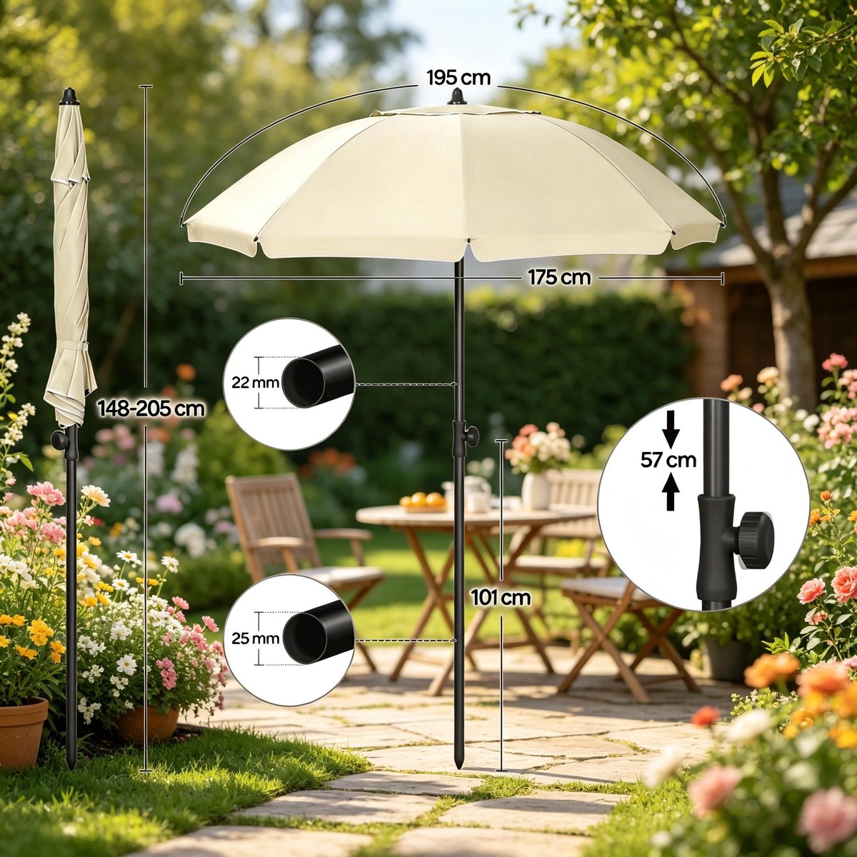 MIVRAY Strandparasol – Verstelbare Kanteling 35° – Ø175 x H156-206 cm – Gecoat Polyester en Metaal – Beige – UV-bescherming