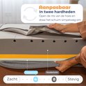 Handen tonen de aanpasbare hardheid van het matras met lagen traagschuim en koudschuim, met schaal van zacht (4) naar stevig (8).