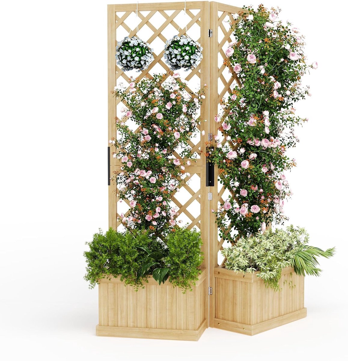 Plantenbak met Trellis & Privacyscherm - Verhoogde Moestuinbak met Klimplantenrek - 2 Panelen Vrijstaand - 105 x 26 x 165 cm - Met Afwateringsgaten - Voor Tuin, Balkon en Terras