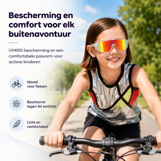 Meisje met sporthut op, ze draagt een bril met rood-oranje spiegelglas en doorzichtig montuur. Ze fietst op een zonnige dag.