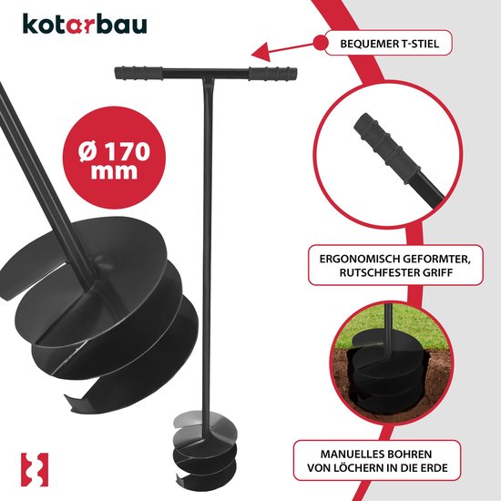 KOTARBAU® Handgrondboor, Palenboor, ⌀ 170 mm, Metaal, 115 cm, Zwart, Grondboor, Grondboor voor Hekpalen, Handboor voor Grond, T-Greep, Ergonomisch en Robuust, Tuinboor — afbeelding 4