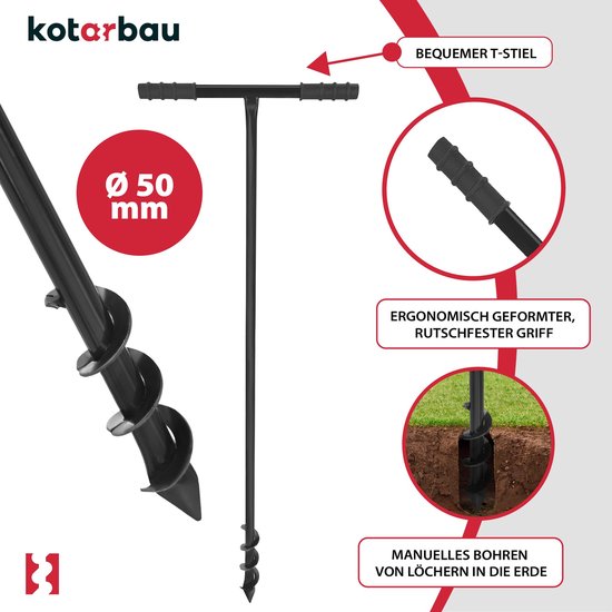 KOTARBAU® Handgrondboor, Palenboor, ⌀ 50 mm, Metaal, 115 cm, Zwart, Grondboor, Grondboor voor Hekpalen, Handboor voor Grond, T-Greep, Ergonomisch en Robuust, Tuinboor — afbeelding 4