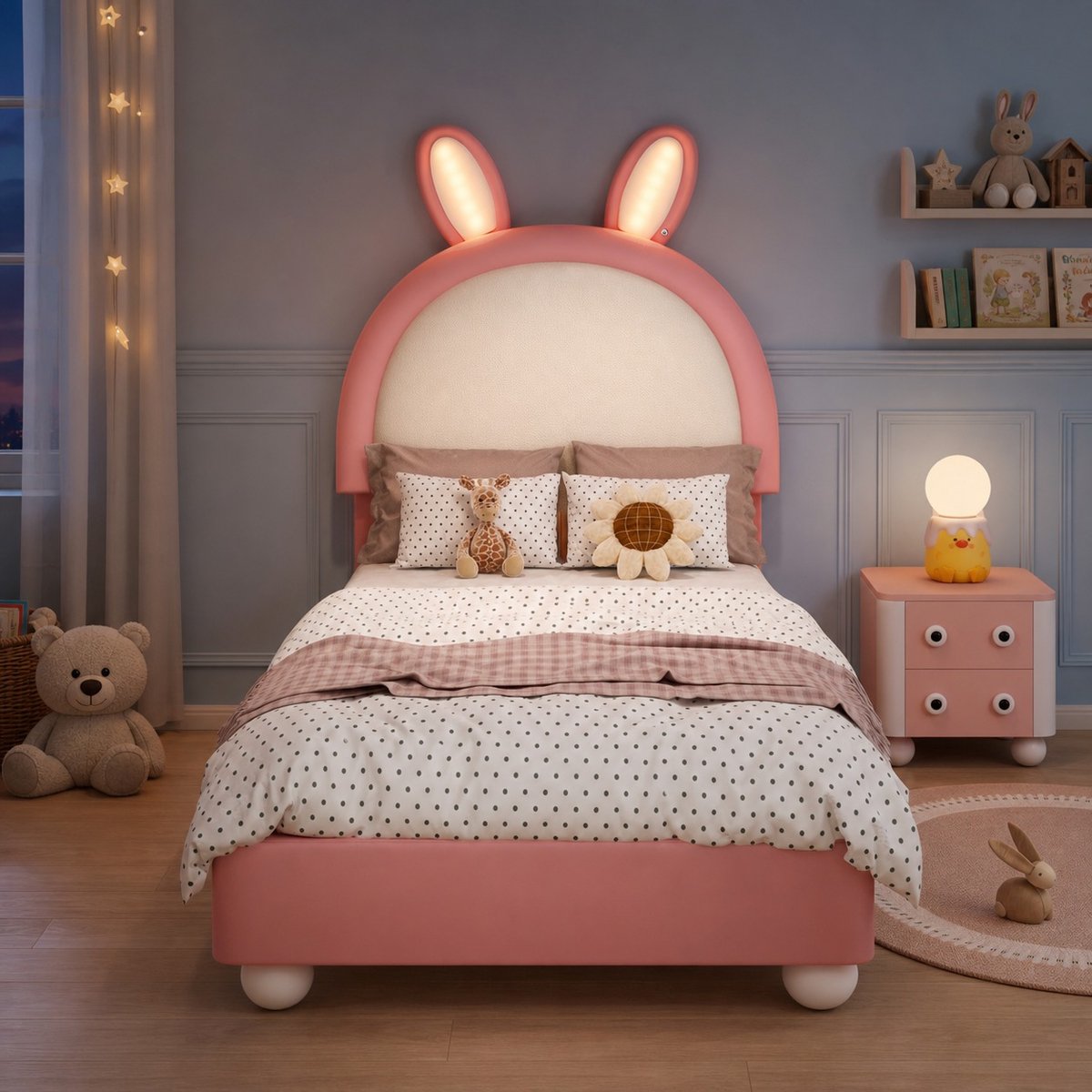 MEUNIQ gestoffeerd kinderbed 90x200 cm met konijnvormig hoofdbord, LED-lichtstrip, lattenbodem en zachte stootrand, eenpersoons bed voor kinderkamer, roze en wit