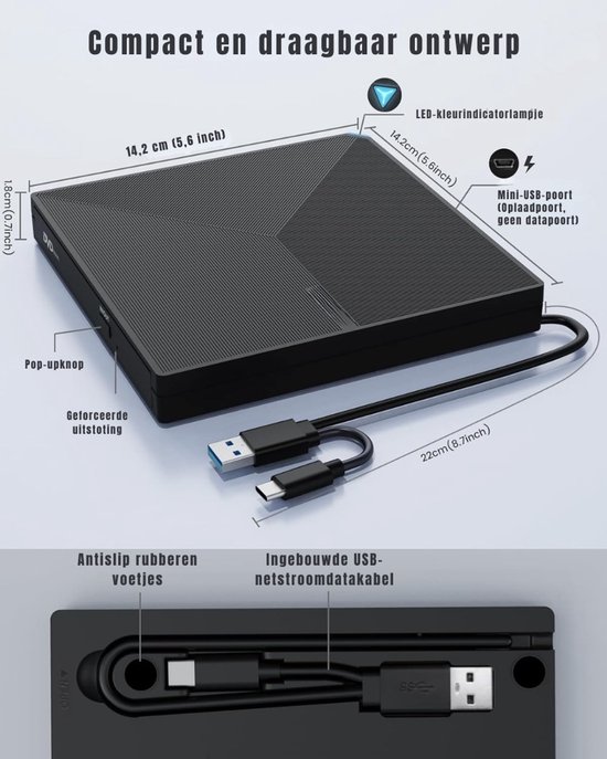 KAD® DVD Speler - USB 3.0 en Type-C - DVD Speler Laptop - DVD Brander - Zwart - 15cm x 15cm x 2cm van kad — afbeelding 2