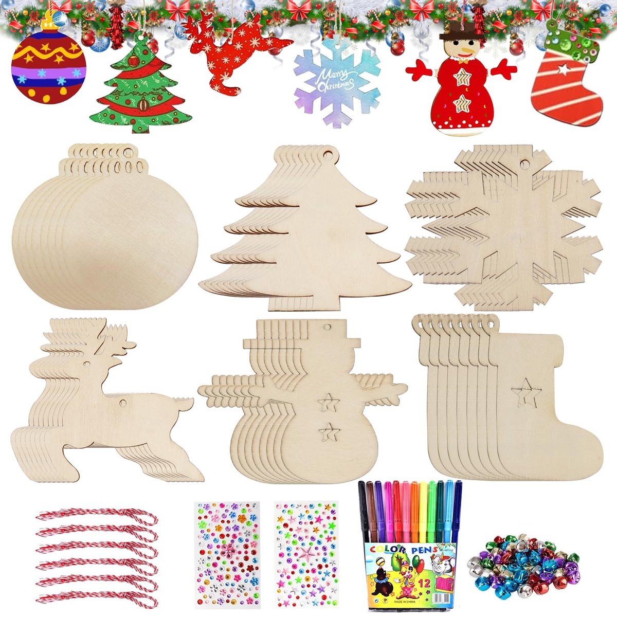 Dailygoods - Knutselen Kerstmis voor kinderen, 158 stuks houten kerstboomhangers, knutselset, kerstknutselset, boomhangers, hout om te beschilderen, kerstboomversiering, dennenversiering