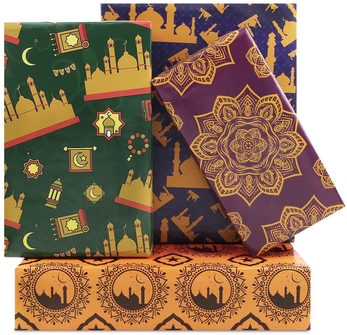 Dailygoods- Inpakpapier Set 8 Vellen - 4 Ontwerpen - 50x70cm - Eid Mubarak - Feestdecoratie - Voor Kids - Ramadan Cadeauverpakking - Cadeaupapier