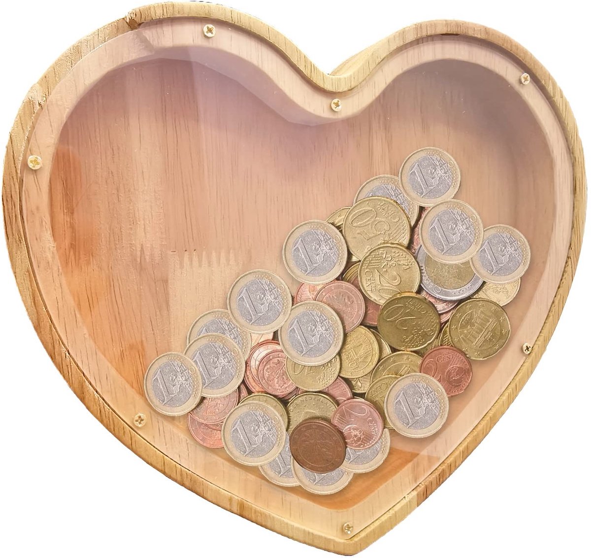 Dailygoods- Spaarpot Houten - Gepersonaliseerd Hartvormig - Transparant Venster - Decoratie voor Slaapkamer - Opberger voor Munten - Geschikt voor Kinderen - Besparingspot