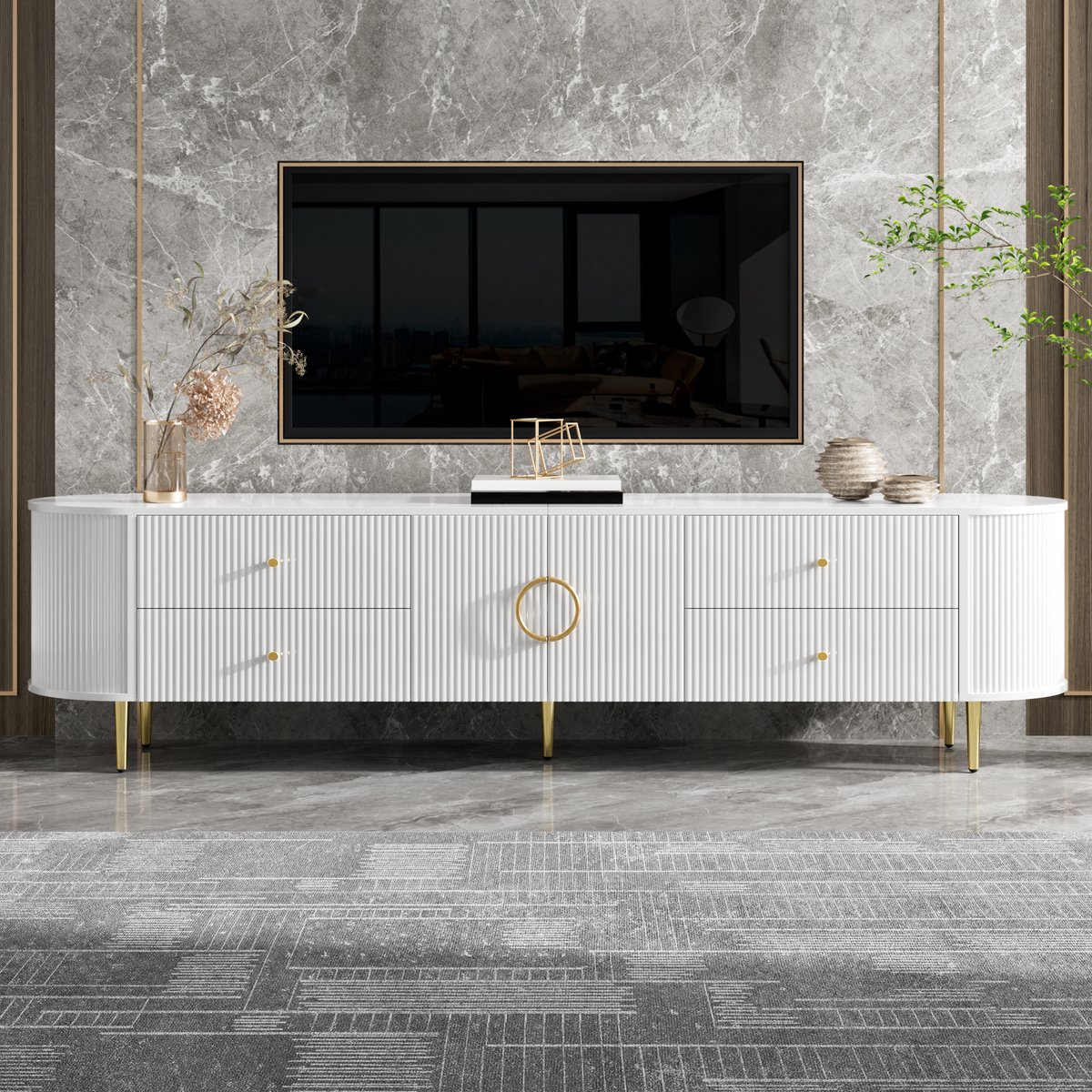 MIVRAY Tv Meubel - Met Golffront En Lades - Opbergkast Voor Woonkamer - MDF - 180x40x38 Cm - Wit