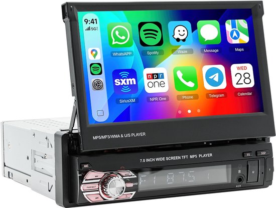 ESSGOO 1Din Autoradio Met Bluetooth - Apple Carplay & Android Auto - 7" HD Touchscreen Handmatig Opvouwbaar Scherm - USB, AUX, FM, EQ, TF