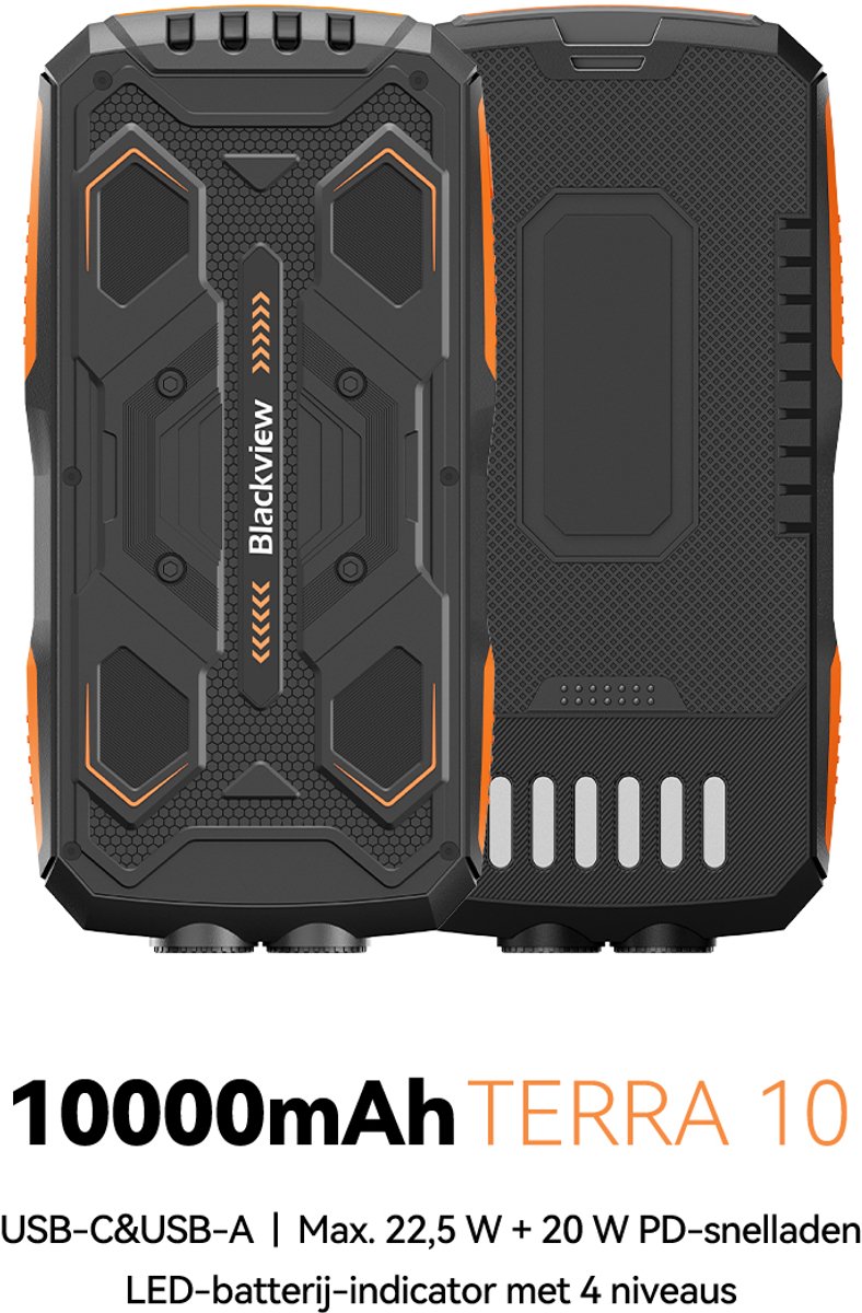 Blackview TERRA 10 - 10.000 mAh Powerbank - 22,5W & 20W PD snelladen - waterdicht, stofdicht en schokbestendig - met ingebouwde kabels, LED zaklamp en meerdere USB-poorten - veilige outdoor powerbank met koelsysteem en beveiliging- oranje
