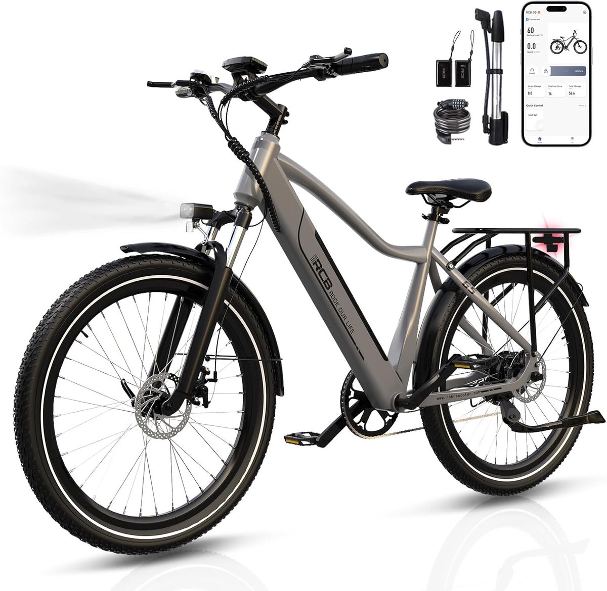 RCB G5 Elektrische Fiets - 27.5 Inch - Lichtgewicht Aluminium Frame - 250W Motor - 36V 13Ah Verwijderbare Batterij - 7 Versnellingen - Met App, NFC & LCD Display - Comfortabel & Roestvrij - Voor Dames en Heren - Actieradius 80km-Grijs