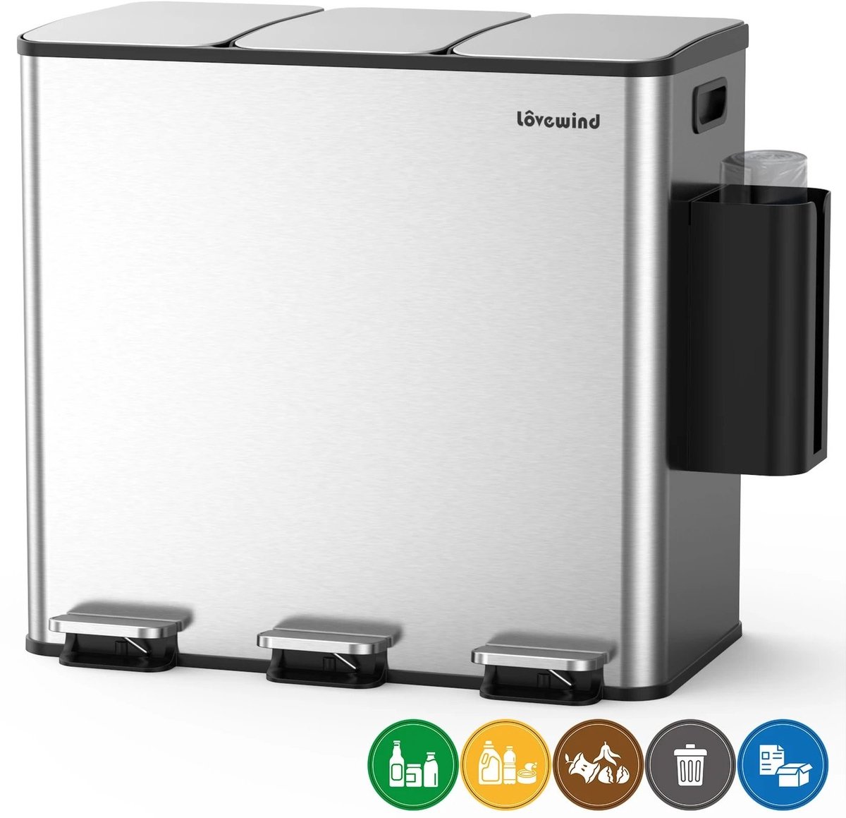 Keukenafvalemmer 60 liter - Roestvrijstalen afval- en recyclebin-combo met soft-close deksel, dubbele compartimenten en 3 x 20 liter capaciteit.