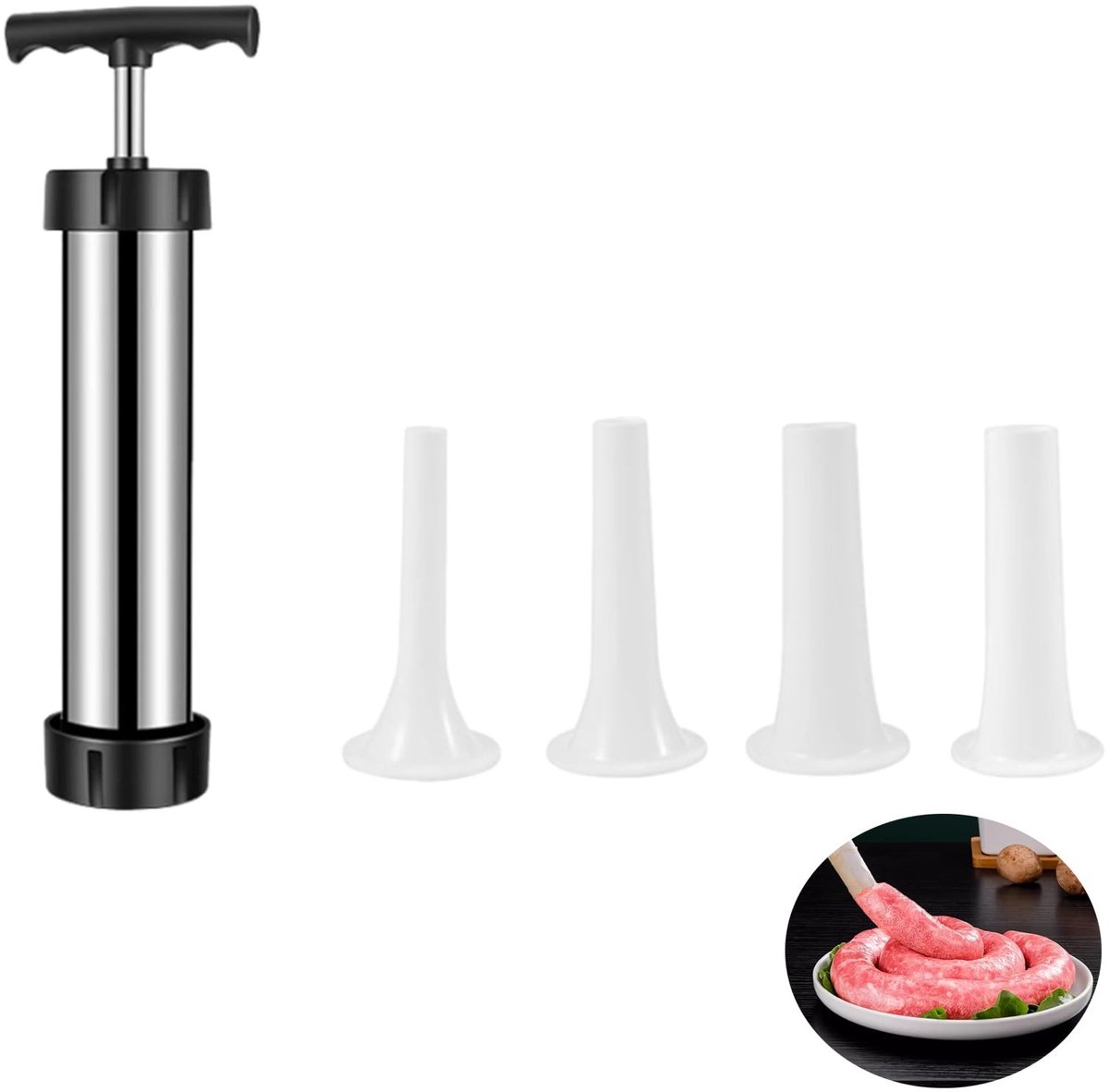 Dailygoods- Worstvuller Handmatig - Worst Machine - Zelfgemaakte Worst - 5 Trechtermondstukken - Vulgereedschap - Duurzaam Materiaal - Worstmachine