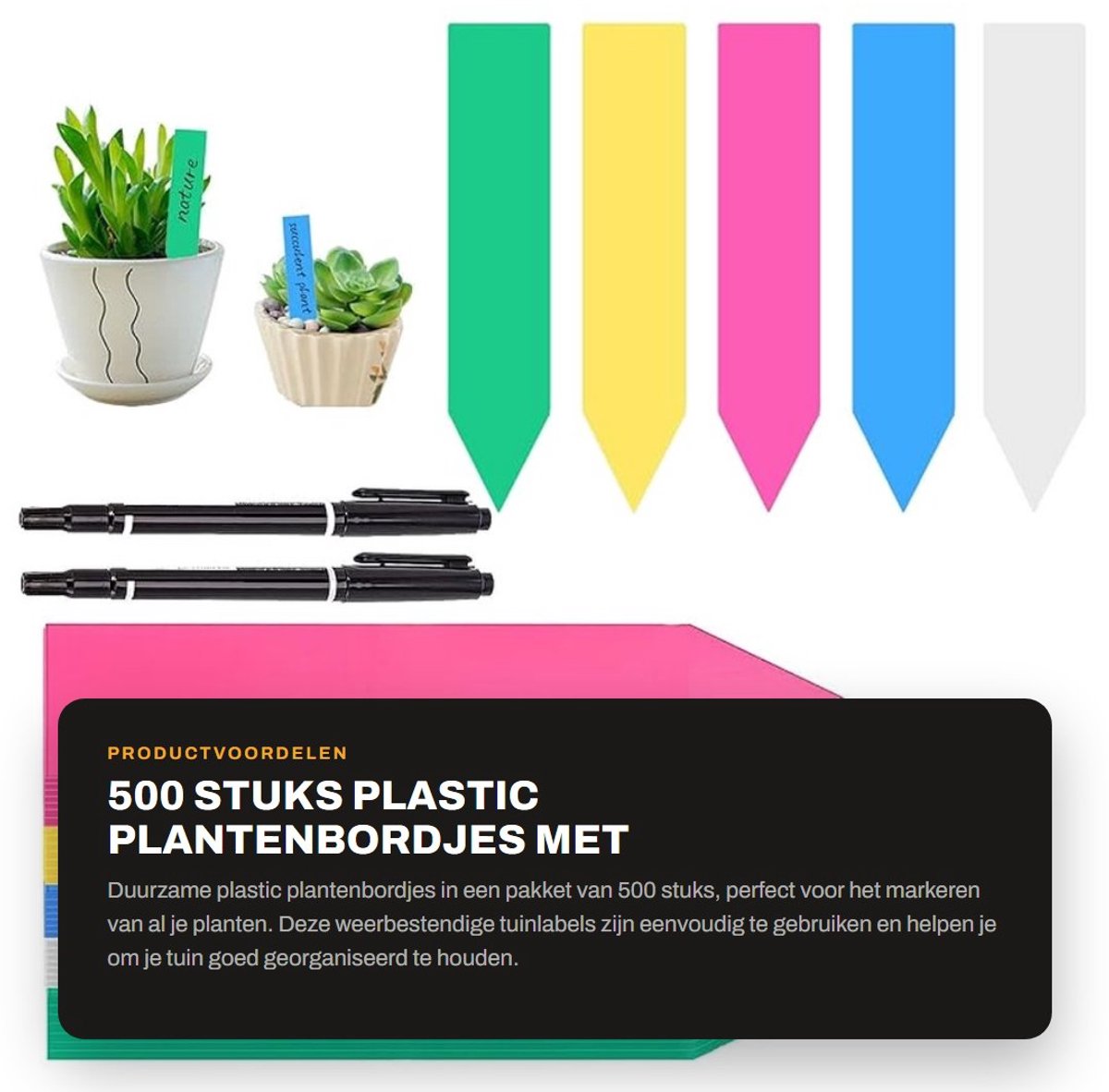 Dailygoods- Plantenbordjes Pakket van 500 - Weerbestendige Tuinlabels - Plastic Plantenstekers - 10 cm x 2 cm - Plantenmarkeringen - Inclusief 2 Zwarte Pennen - Plantetiketten