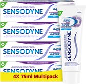 Voordeelverpakking van 4 Sensodyne Rapid Relief tandpasta tubes met munt smaak, in een doos.