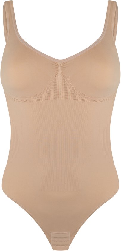 Beige corrigerende body met V-hals en naadloos ontwerp, voorkant.
