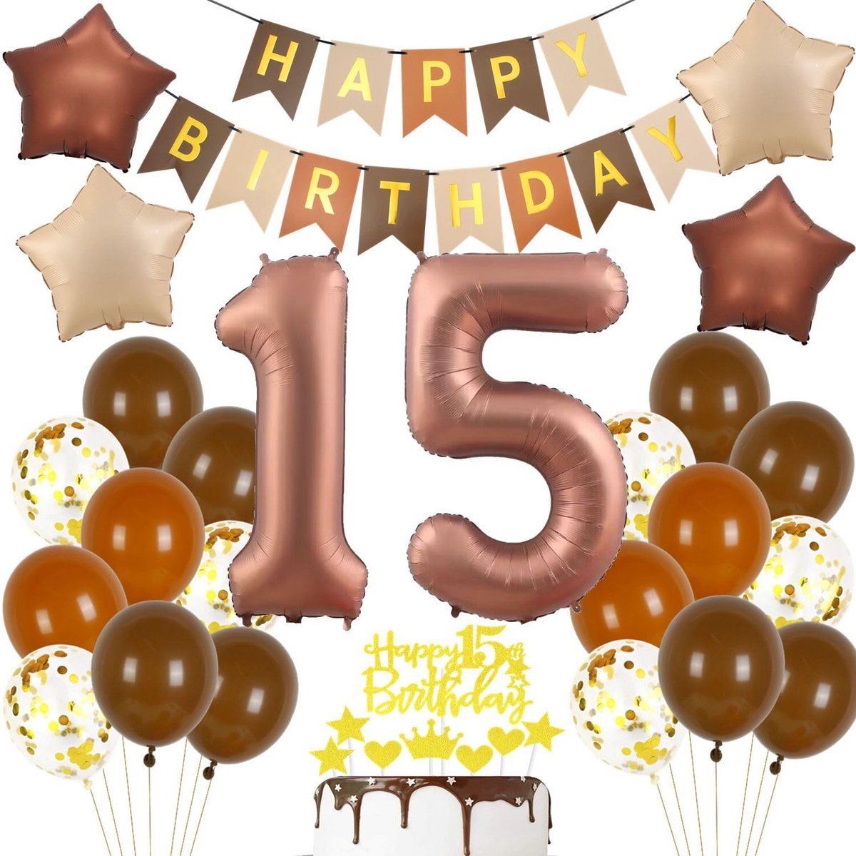 Dailygoods- Ballonnen 15e Verjaardag - Gouden/Bruine Ballonnen - Cijferballonnen 32 Inch - Sterballonnen 45 cm - Feestdecoraties - Taartdecoratie en Lint - Feestballonnen