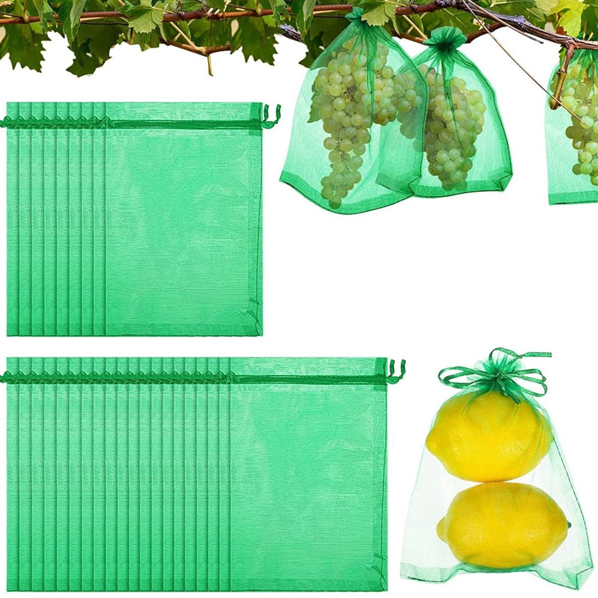 Dailygoods- Fruitbeschermingszakken 100 Stuks - Herbruikbare Nettas - Ademend/Lichtdoorlatend - Trekkoord - Bescherming tegen Vogels/Insecten - Geschikt voor Fruitbomen/Groentuin - Fruittas