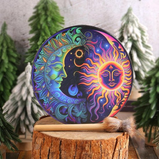 Handtrommel Sjamanendrum 10 Inch met Sticks Zon Maan Patroon — afbeelding 2