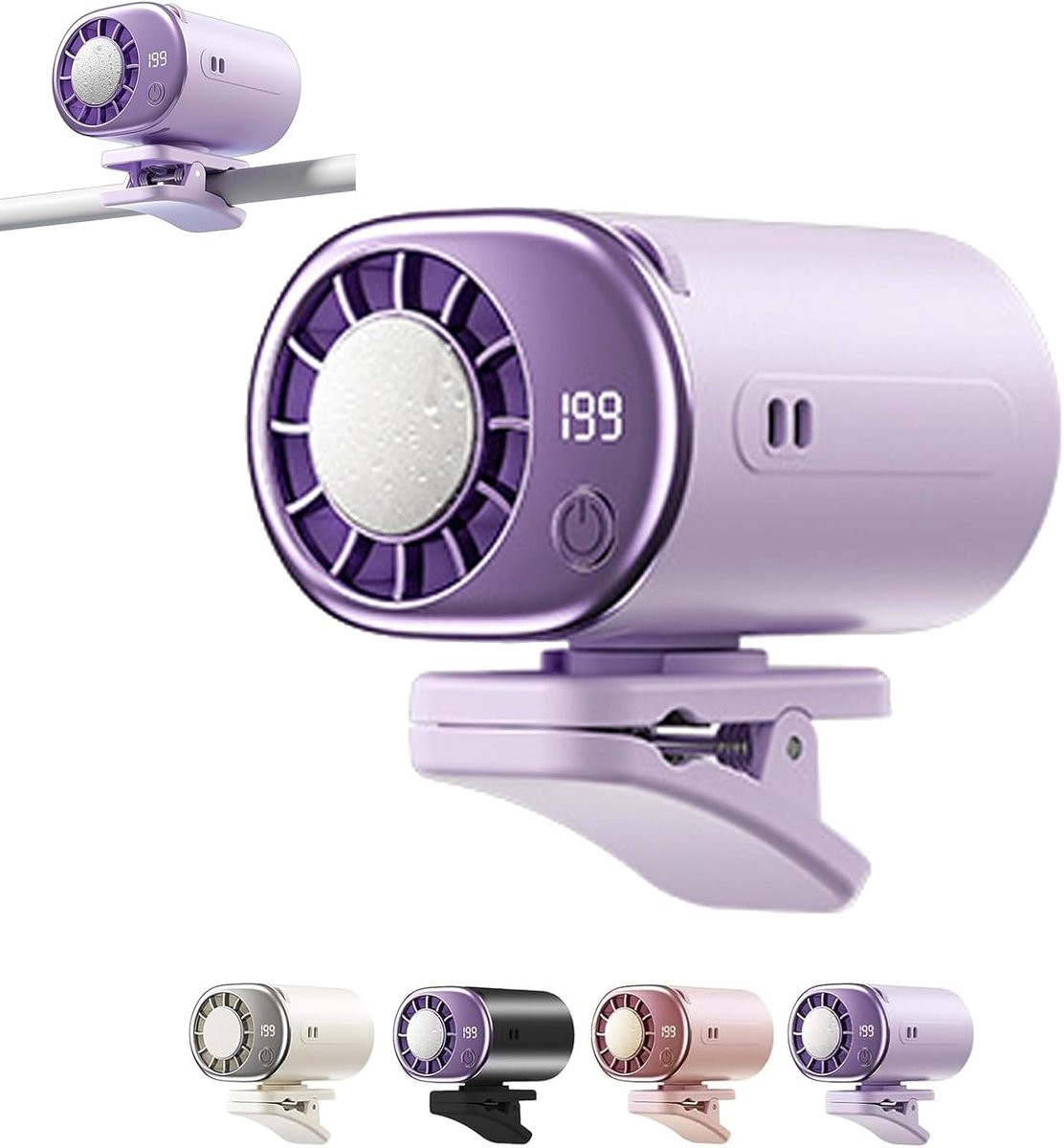 Nieuwe klembare koelventilator voor auto met LED-scherm, draagbaar mini autokoelsysteem, 360 graden draaibaar en verstelbaar, 199 instelbare snelheden, paars
