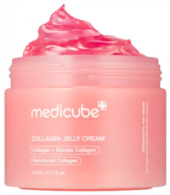 Medicube Collagen Jelly Cream in een roze pot met deksel. De crème is helder roze van kleur.