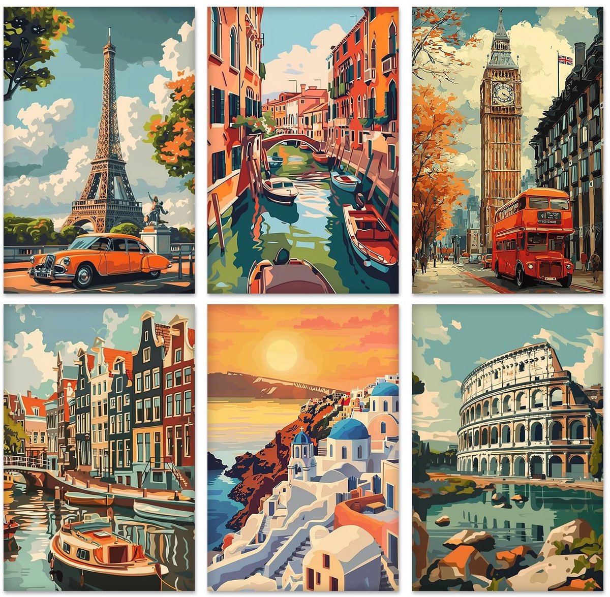 Dailygoods- Schilderen op Nummers Set van 6 - Acrylverf - Voorgespannen Doeken - Professionele Penselen - Voor Volwassenen en Kinderen - Ideaal voor Beginners - Doe-het-zelf Schilderij