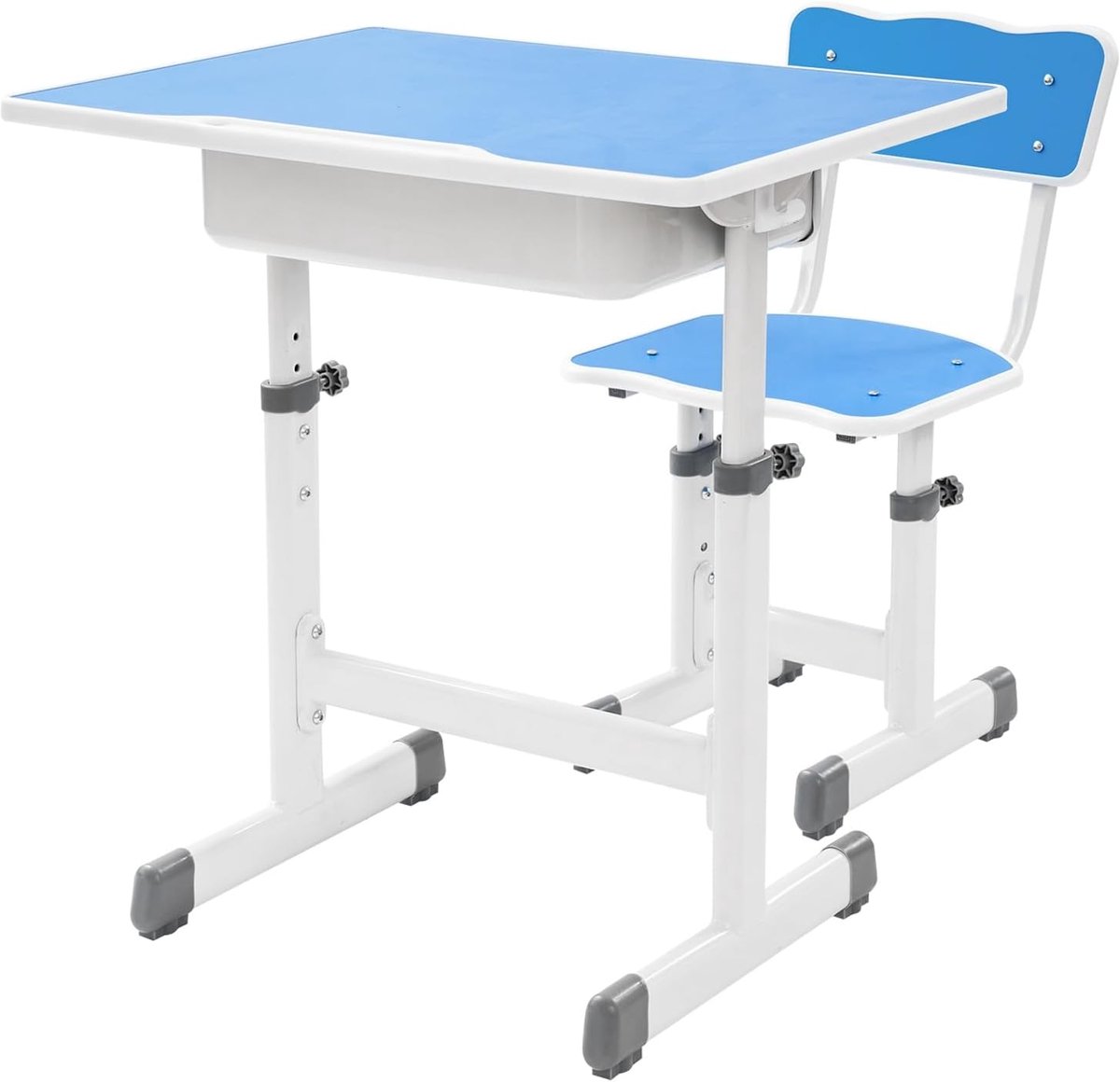 Bureau met Stoel - Kinderbureau Set - Studeren en Lezen - In Hoogte Verstelbaar - 70x50cm - Blauw Wit